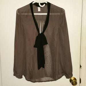 Sheer grey long-sleeve blouse with black pussy bow